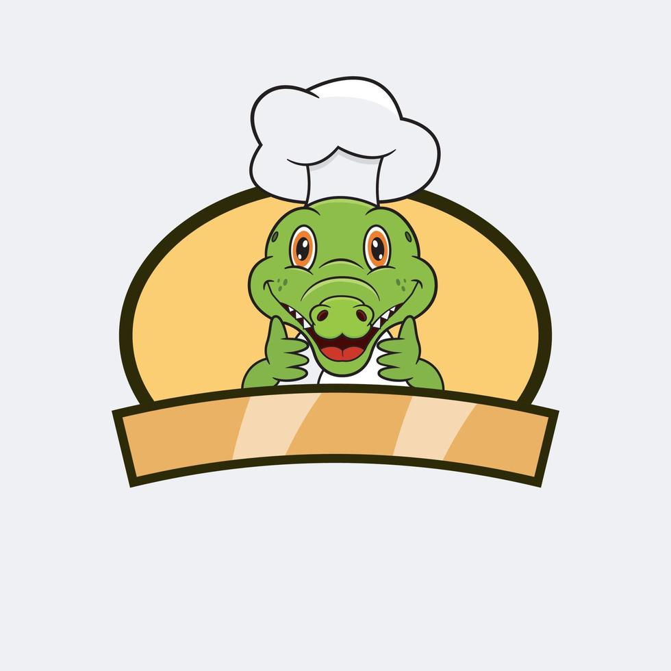 chef de crocodilo fofo e tema culinário. mascote, personagem, logotipo, rótulo e ícone. vetor