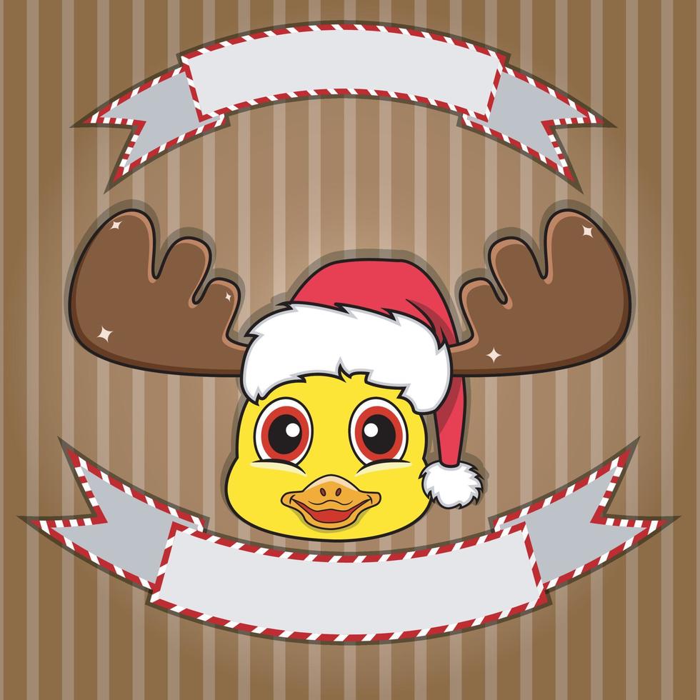 cabeça de pato bonito com chapéu de Natal. etiqueta e banner em branco. personagem, mascote e ícone. vetor