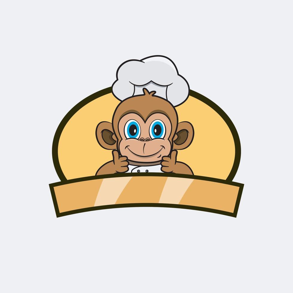 chef macaco fofo e tema culinário. mascote, personagem, logotipo, rótulo e ícone. vetor