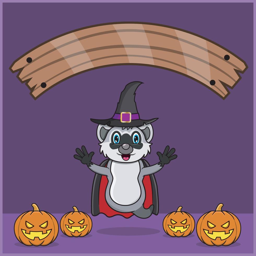 animal bonito guaxinim vestindo vampiro halloween custome, com banner de espaço em branco, abóboras e posição de vôo. vetor