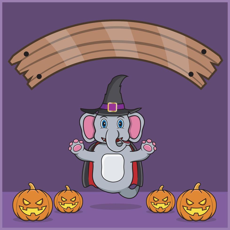 animal elefante fofo vestindo o custome de halloween de vampiro, com banner de espaço em branco, abóboras e posição de vôo vetor