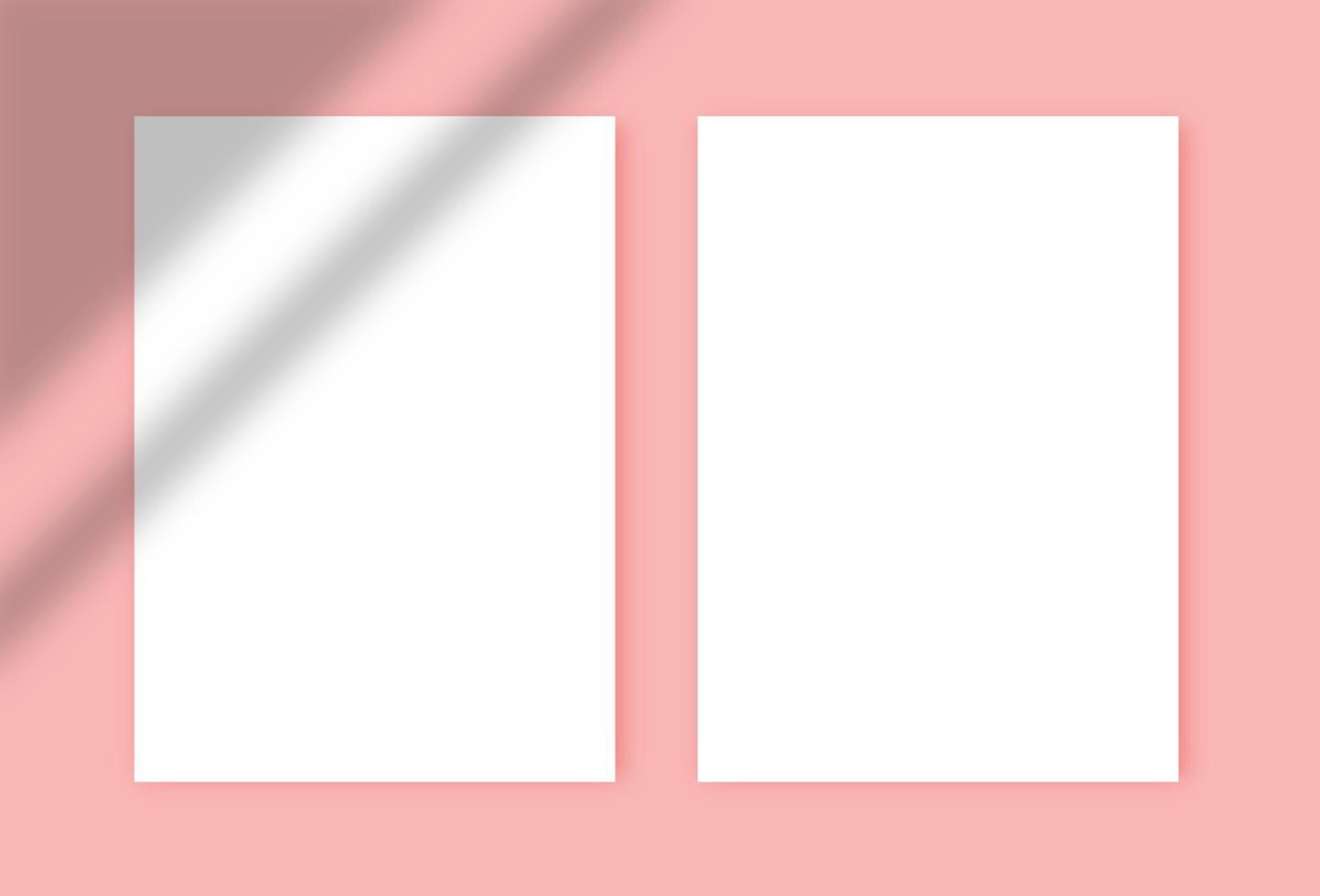 dois papéis a4 em branco brancos com sombras no fundo rosa. modelos para apresentação de projeto, como folheto, capa, cartaz. modelo de design mock up vetor