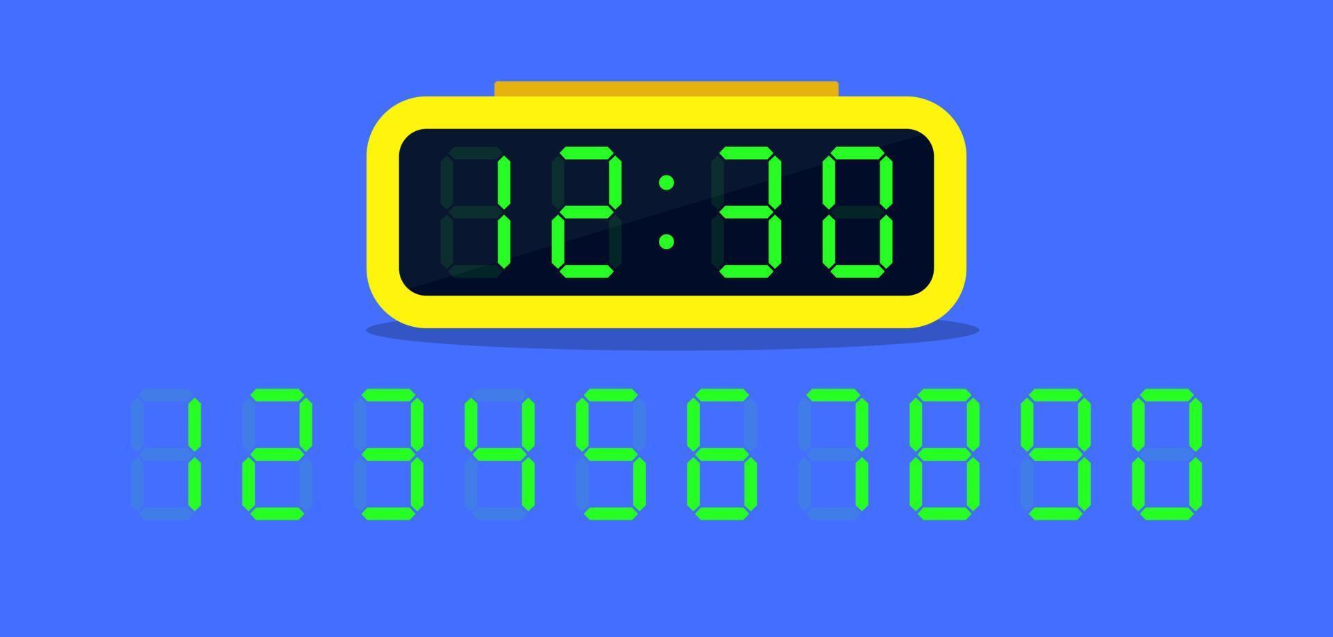 cronômetro led verde para relógios eletrônicos. número do temporizador de contagem regressiva definido. coleções de números digitais para o elemento de design. vetor