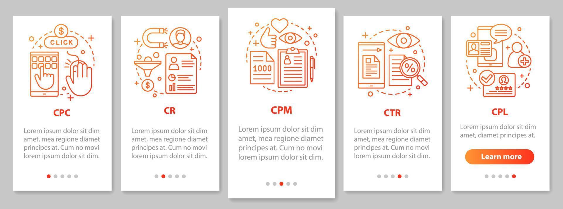 métricas de publicidade integrando a tela da página do aplicativo móvel com conceitos lineares. marketing digital. smm. Etapas gráficas passo a passo ctr, cpc, cpm, cr, cpl. modelo de vetor ux, ui, gui com ilustrações