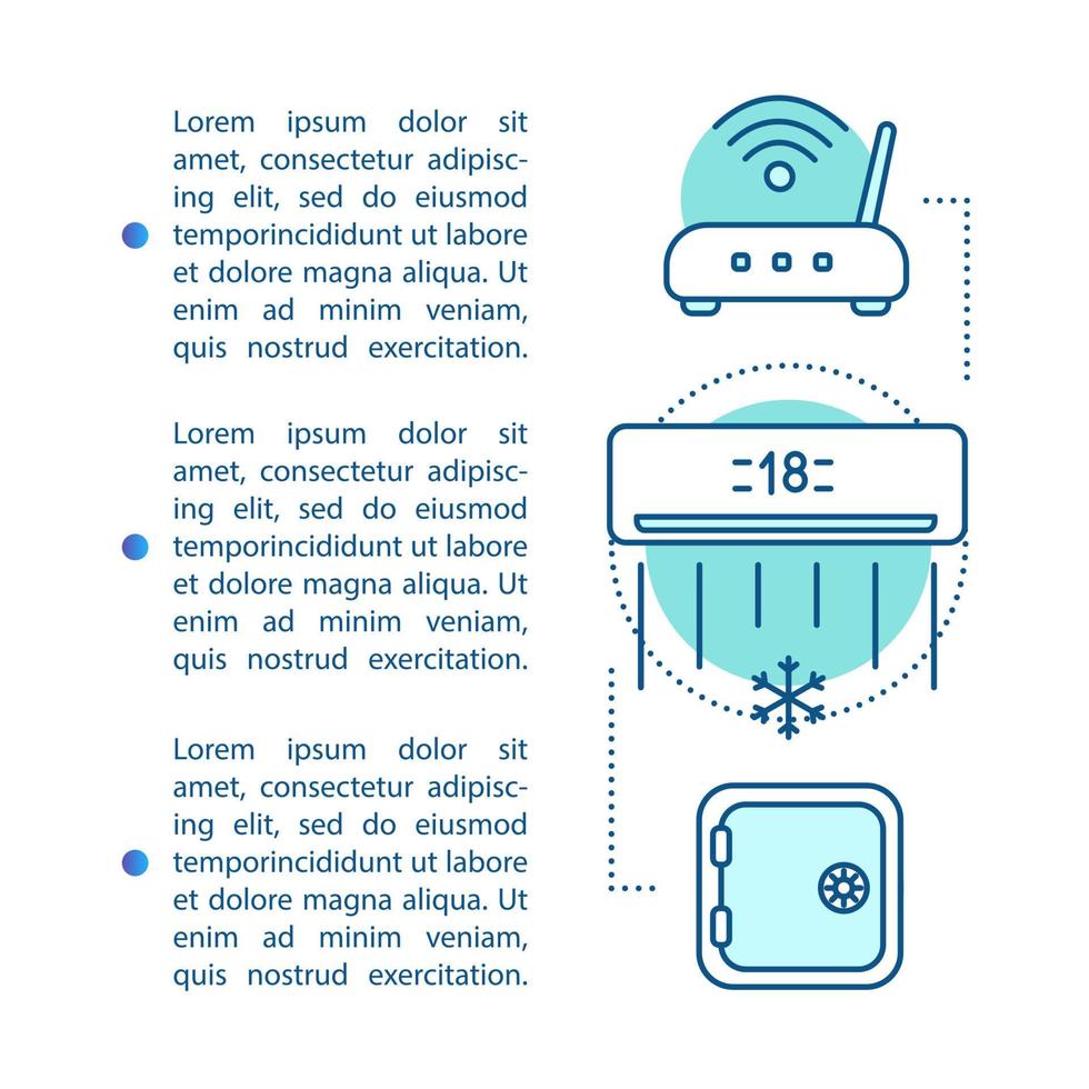 modelo de vetor de página de artigo de instalações e comodidades dos quartos. serviços de hotel, pousada, motel. folheto, revista, elemento de design de livreto com texto. ar condicionado, cofre, wi-fi. imprimir design de conceito