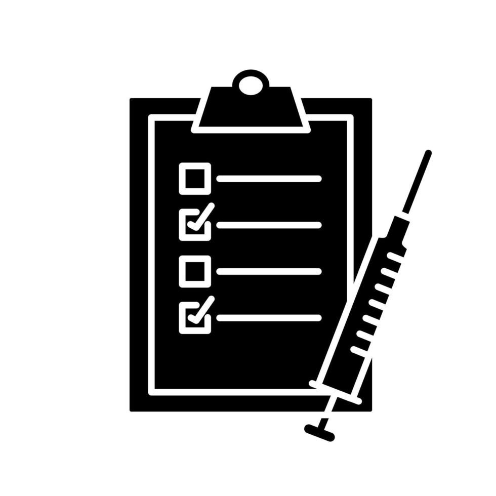 ícone de glifo da lista de vacinações. símbolo da silhueta. injeções médicas de rotina. calendário de imunização do paciente. lista de verificação de vacinas. espaço negativo. ilustração isolada do vetor