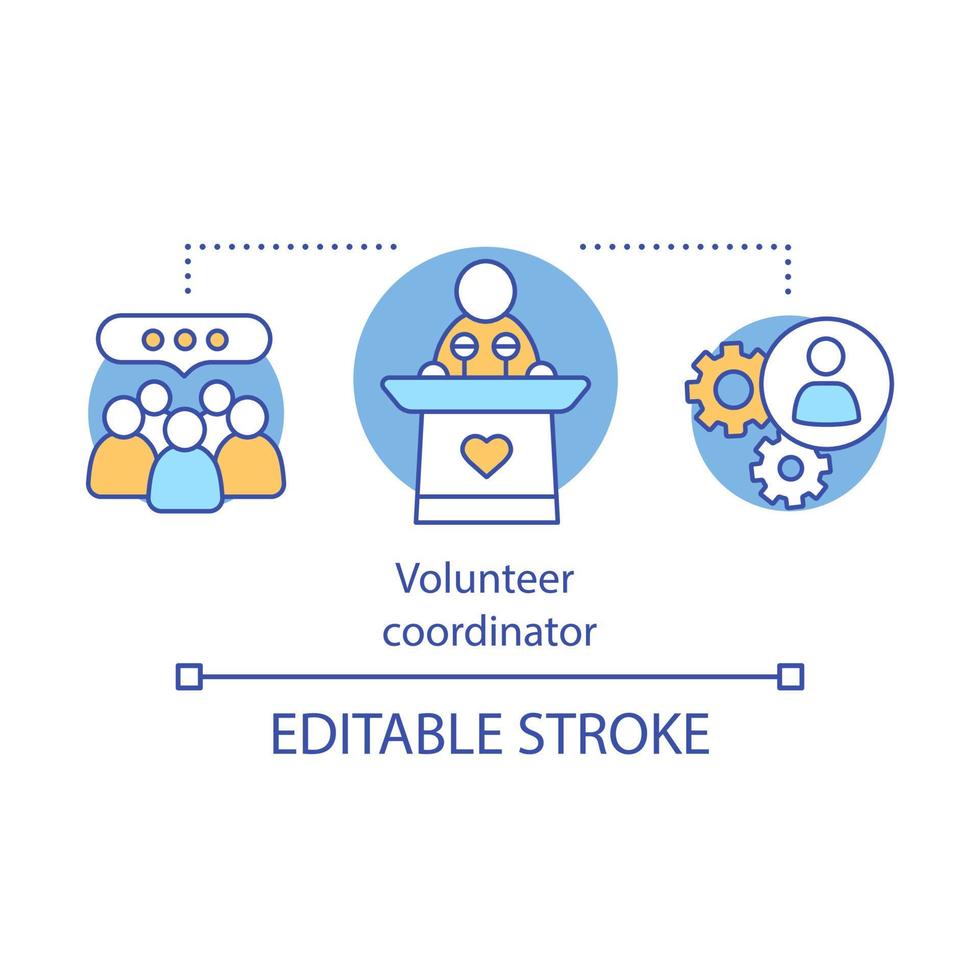 ícone do conceito de gerenciamento voluntário. organização sem fins lucrativos. ilustração de linha fina de ideia de fundação de caridade. coordenação e apoio voluntário. serviço comunitário. desenho de contorno isolado de vetor