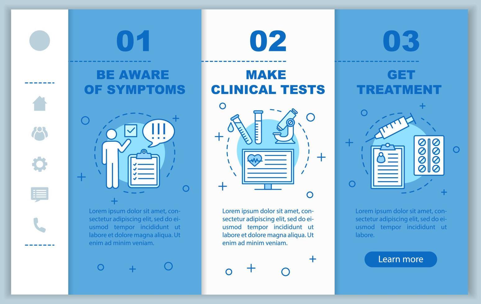 modelo de vetor de páginas da web para dispositivos móveis integração médica. fazer testes, fazer tratamento. ideia de interface de site para smartphone responsivo. telas de passo a passo da página da web. conceito de cor