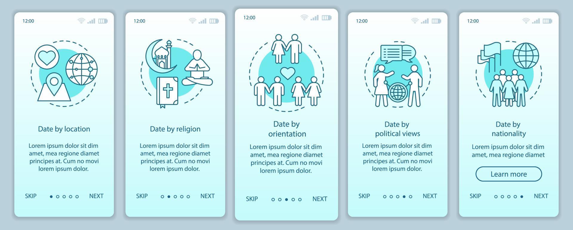 modelo de vetor de tela de página de aplicativo móvel onboarding onboarding. data por local, religião, orientação e instruções do site de nacionalidade com ilustrações lineares. interface de smartphone ux, ui, gui