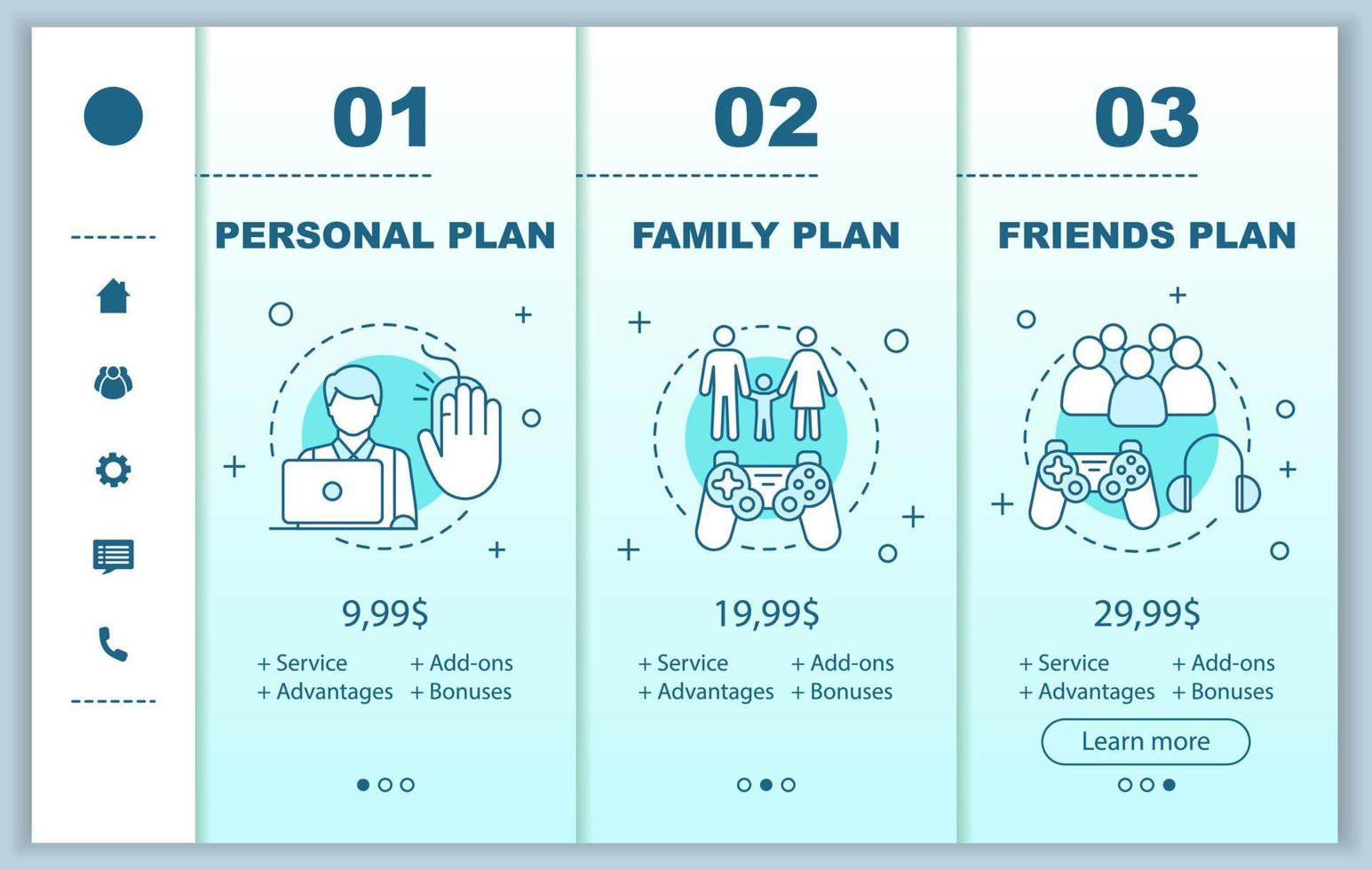 pagar e jogar taxas de associação integrando telas de aplicativos móveis com preços. passo a passo modelos de páginas de site. passos dos planos tarifários de assinatura pessoal, familiar, de amigos. layout de web de pagamento de smartphone vetor