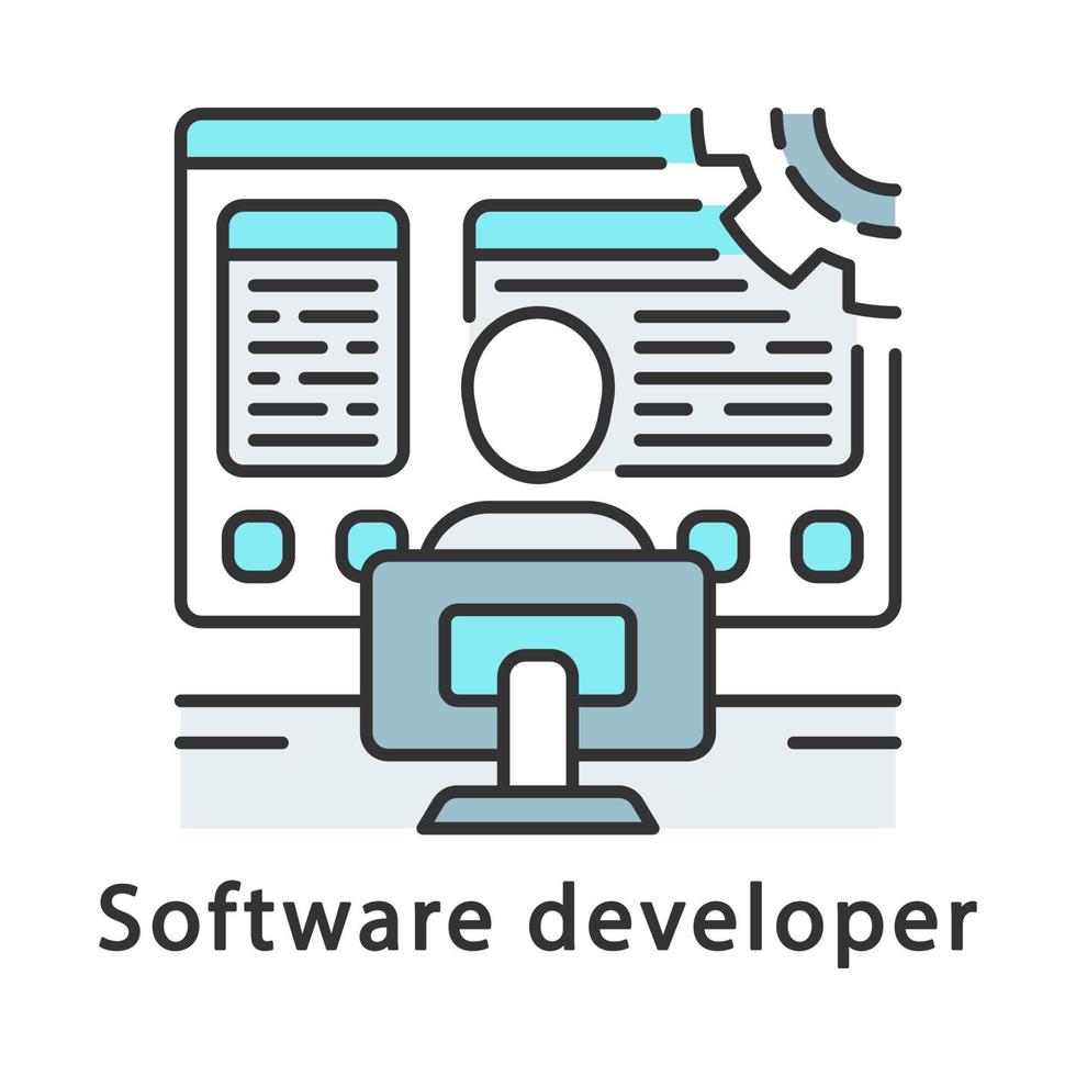 ícone de cor do desenvolvedor de software. codificador. programador de software, analista. é trabalhador. empregado trabalha no computador. ilustração vetorial isolada vetor