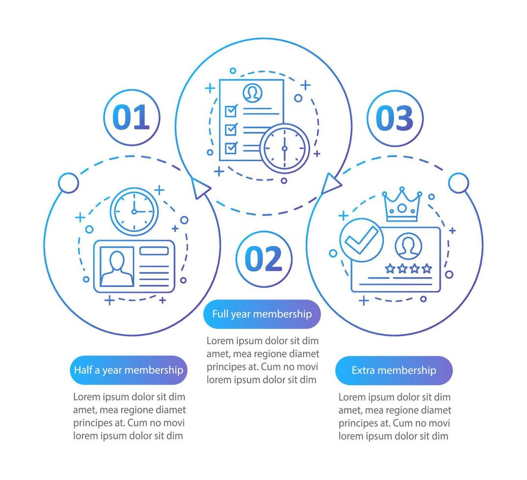 adesão, modelo de infográfico de vetor de assinatura. planos tarifários. Registro de conta. visualização de dados com três etapas e opções. gráfico de linha do tempo do processo. layout de fluxo de trabalho com ícones