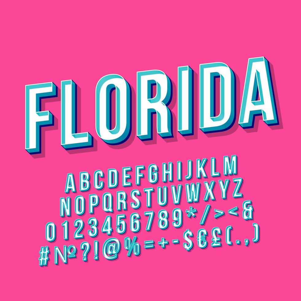 letras de vetor 3d vintage florida. fonte retro em negrito, tipo de letra. texto estilizado de pop art. letras do estilo da velha escola, números, símbolos, pacote de elementos. Pôster dos anos 90, 80, banner. fundo de cor de chiclete