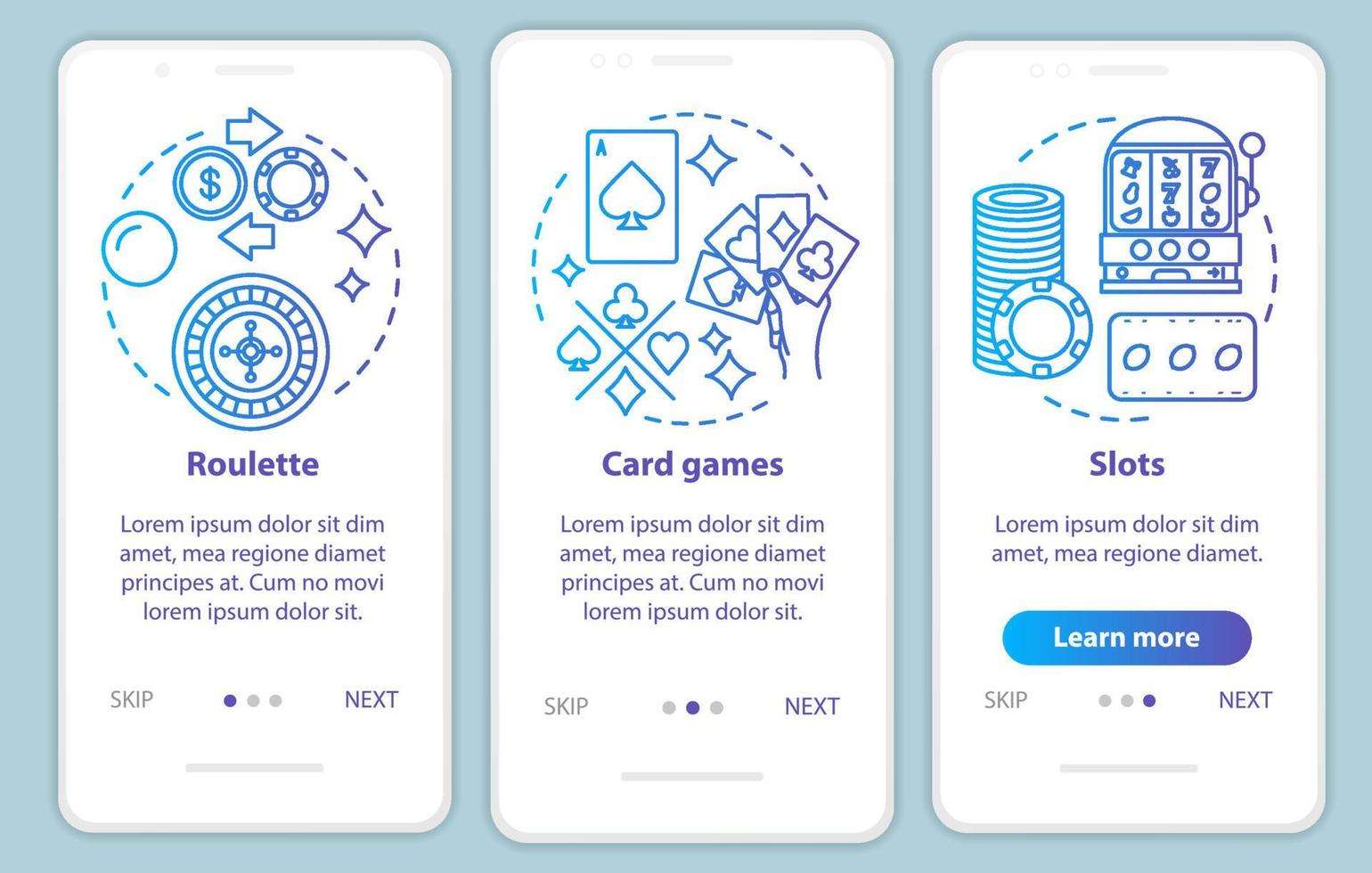 jogos de casino onboarding tela da página do aplicativo móvel com conceitos lineares. roleta, jogos de cartas, slots passo a passo instruções gráficas. jogos de azar. modelo de vetor ux, ui, gui com ilustrações