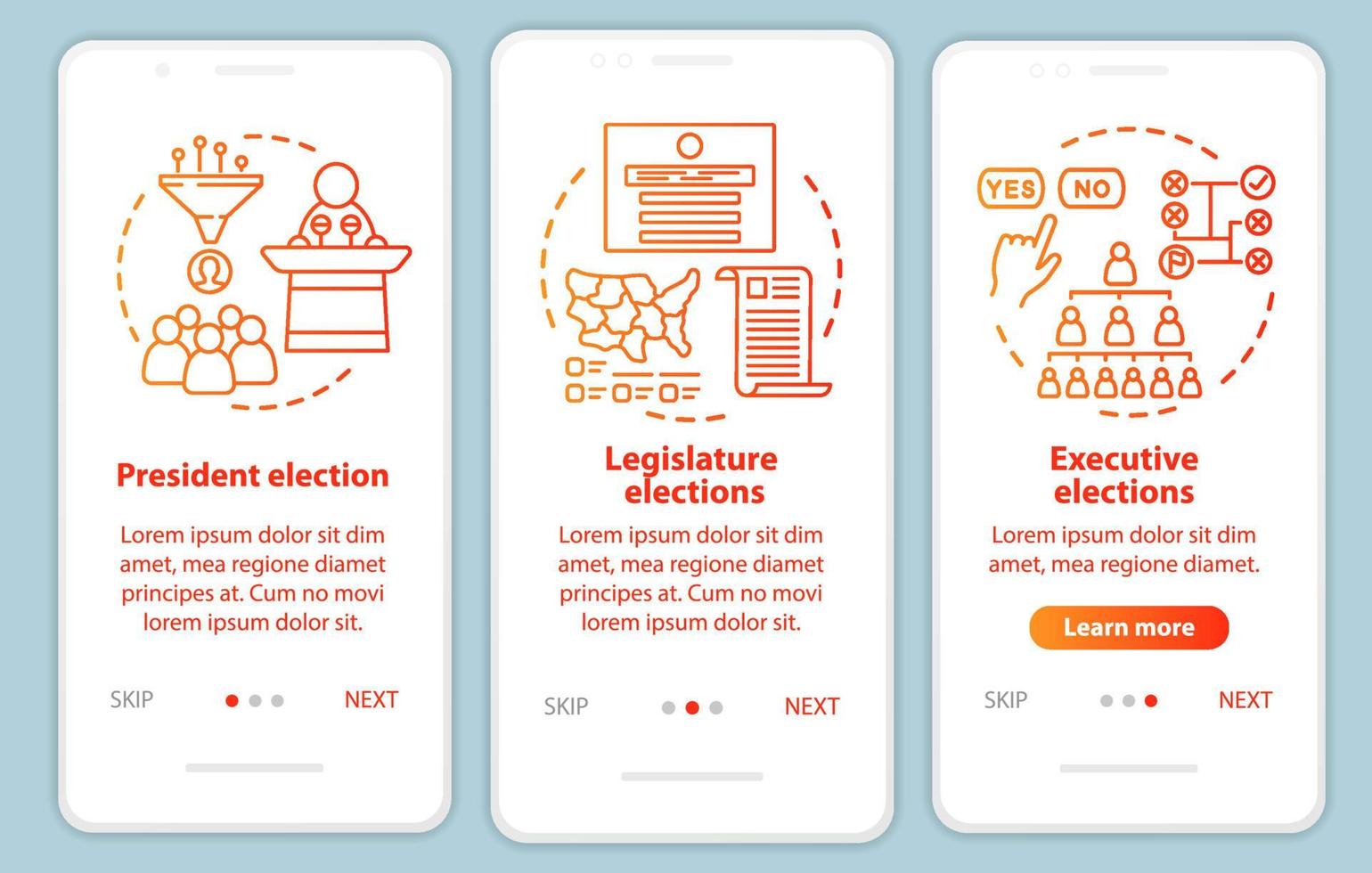 modelo de vetor de tela de página de aplicativo móvel de integração de eleições. presidente, legislatura, eleições executivas. passo a passo do site com ilustrações lineares. conceito de interface de smartphone ux, ui, gui