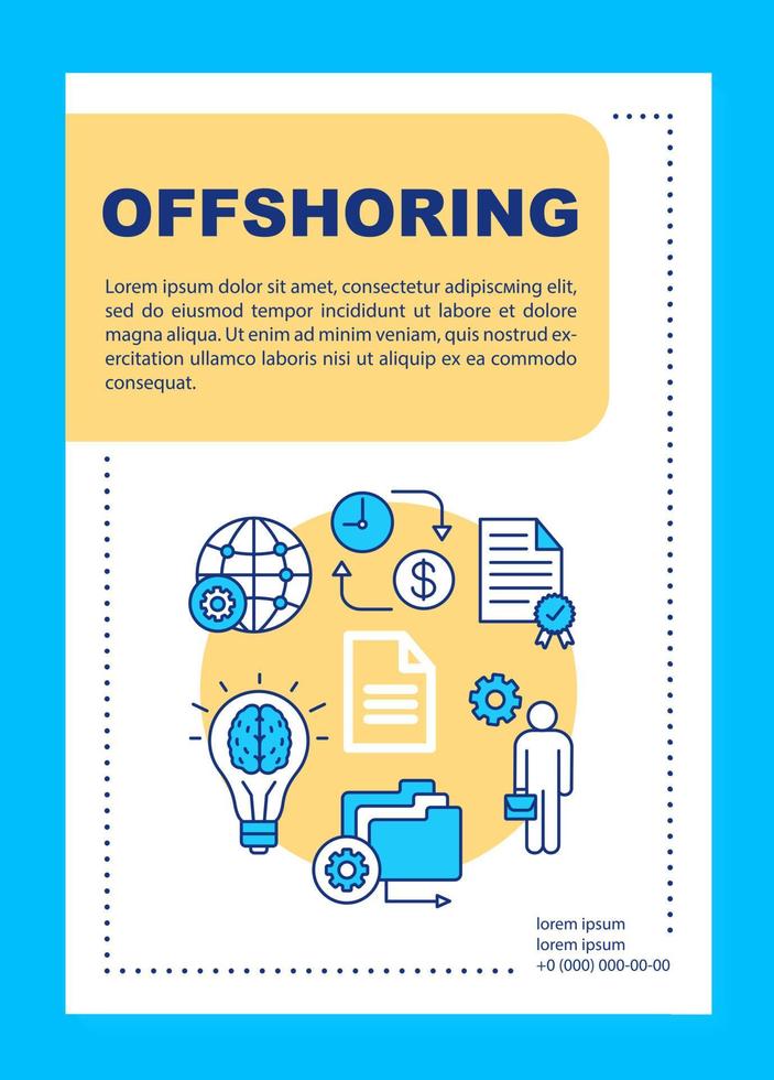 layout de modelo de folheto offshoring. realocação do departamento comercial. folheto, design de impressão de folheto com ilustrações lineares. layouts de página de vetor para revistas, relatórios anuais, pôsteres de publicidade