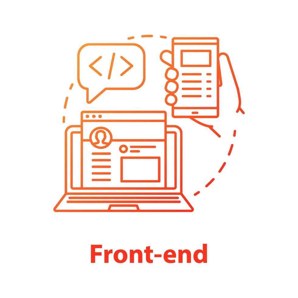 ícone do conceito de front-end. ilustração de linha fina de ideia de kit de desenvolvimento de software. orquestração de serviço. programação e codificação. design de site responsivo. desenho de contorno isolado de vetor