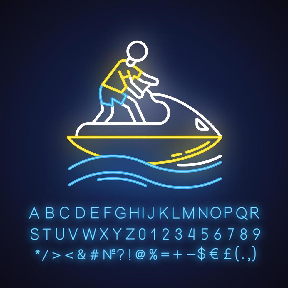 ícone de luz de néon de esqui aquático. atividade de verão. passeios de jet ski. homem na scooter de água. esportes aquáticos, tipo de esporte radical. sinal brilhante com alfabeto, números e símbolos. ilustração isolada do vetor