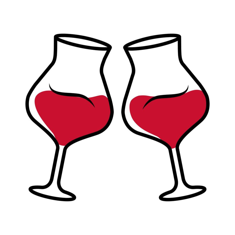 dois copos tilintando com o ícone de cor de vinho tinto. copos cheios de bebida alcoólica. serviço de vinho. celebração, festa. Casamento. degustação, degustação. brinde. Felicidades. ilustração vetorial isolada vetor