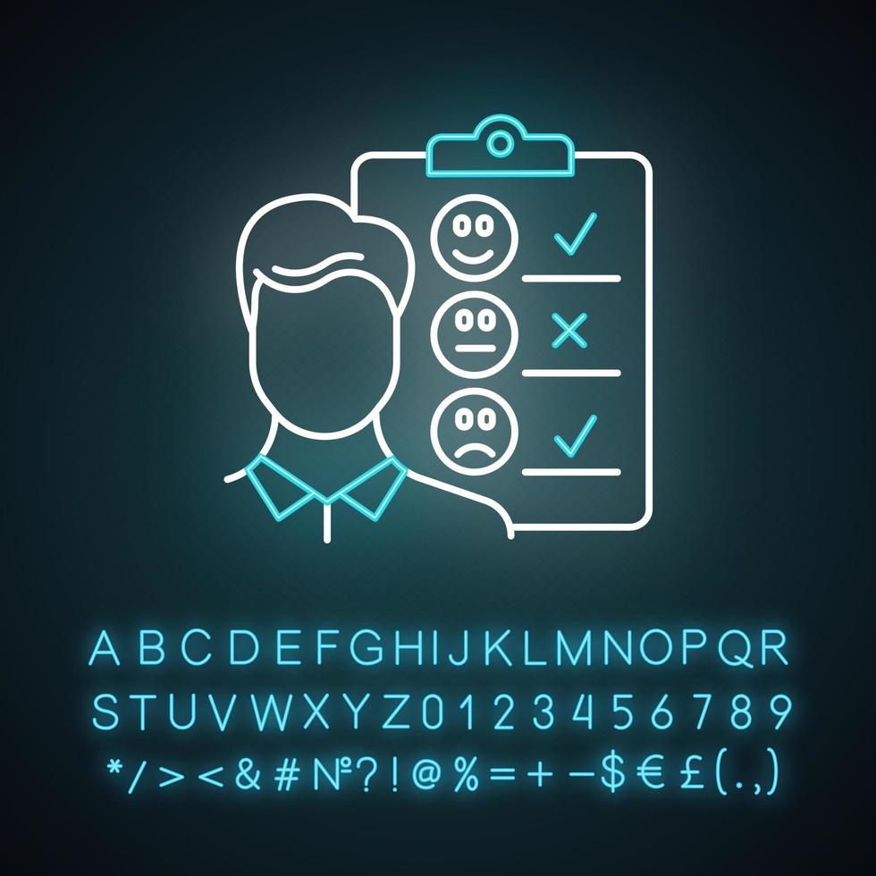 ícone de luz de néon de entrevista pessoal. formulário de questionário de pesquisa. avaliação do serviço ao cliente. satisfação do empregado. opinião. sinal brilhante com alfabeto, números e símbolos. ilustração isolada do vetor