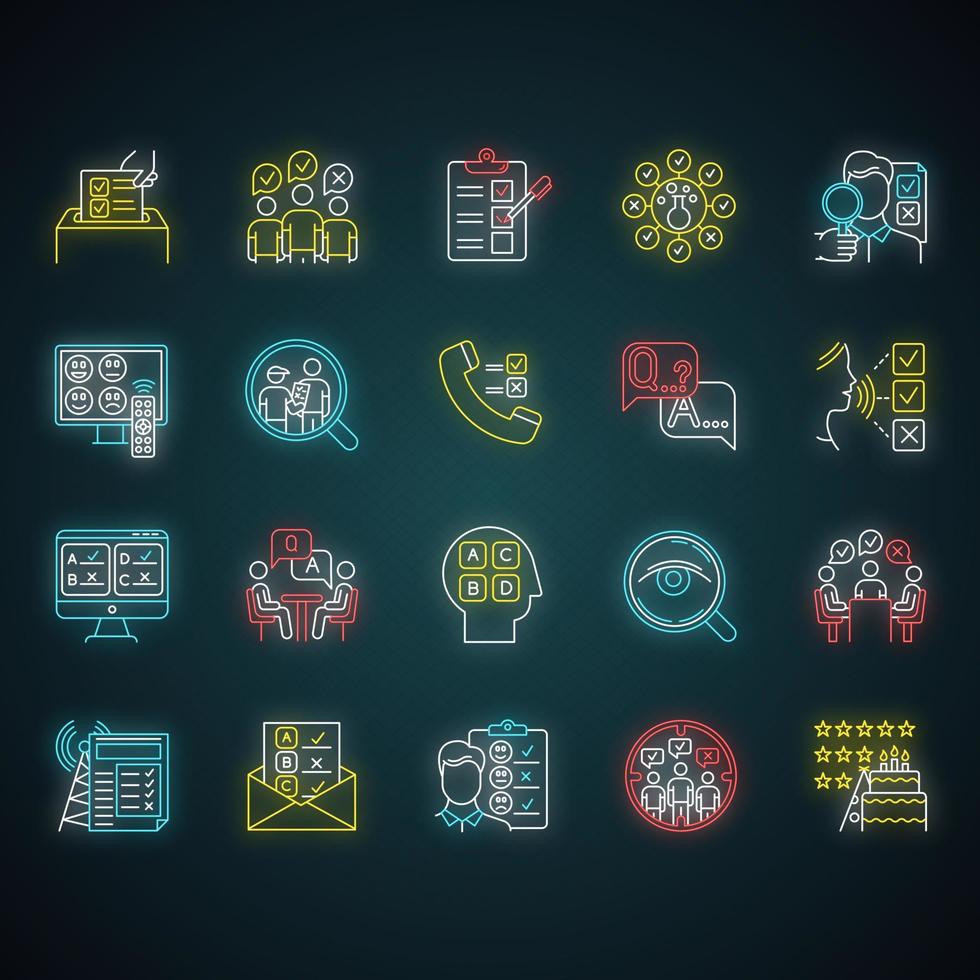 conjunto de ícones de luz de néon de métodos de pesquisa. entrevista. online, enquete por telefone. Avaliação. opinião pública. revisão do cliente. comentários. avaliação. coleção de dados. sinais brilhantes. ilustrações isoladas de vetor