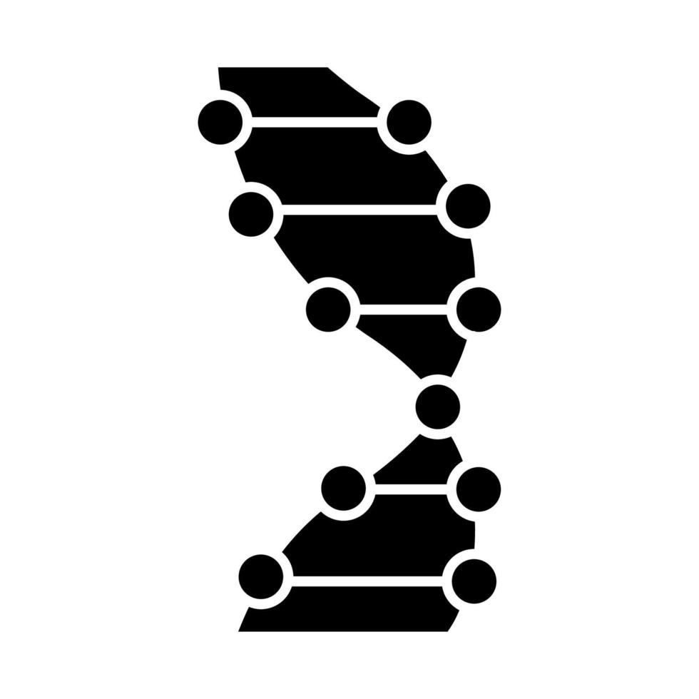 ícone de glifo de hélice de DNA. z-dna. pontos conectados, linhas. desoxirribonucléico, ácido nucléico. cromossoma. biologia molecular. Código genético. símbolo da silhueta. espaço negativo. ilustração isolada do vetor