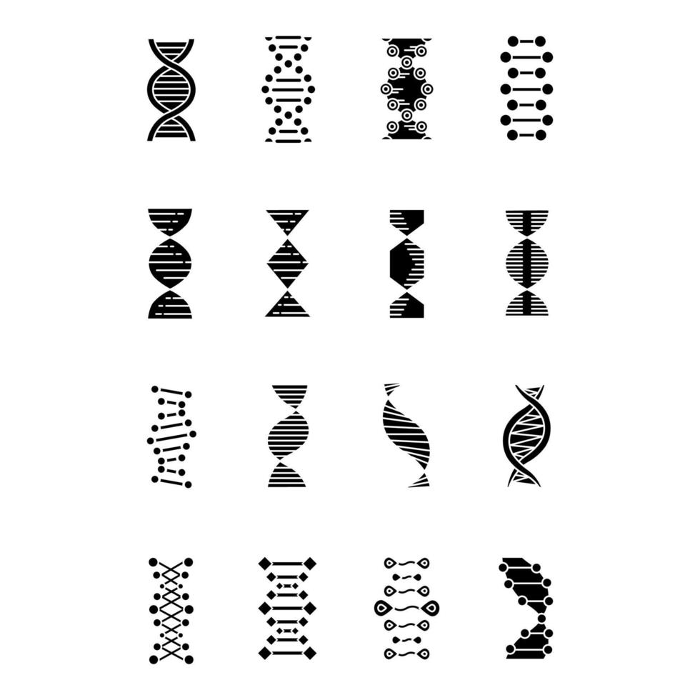 conjunto de ícones de glifo de hélice de DNA. desoxirribonucléico, estrutura de ácido nucléico. fios em espiral. cromossoma. biologia molecular. Código genético. genoma. genética. símbolos de silhueta. ilustração isolada do vetor