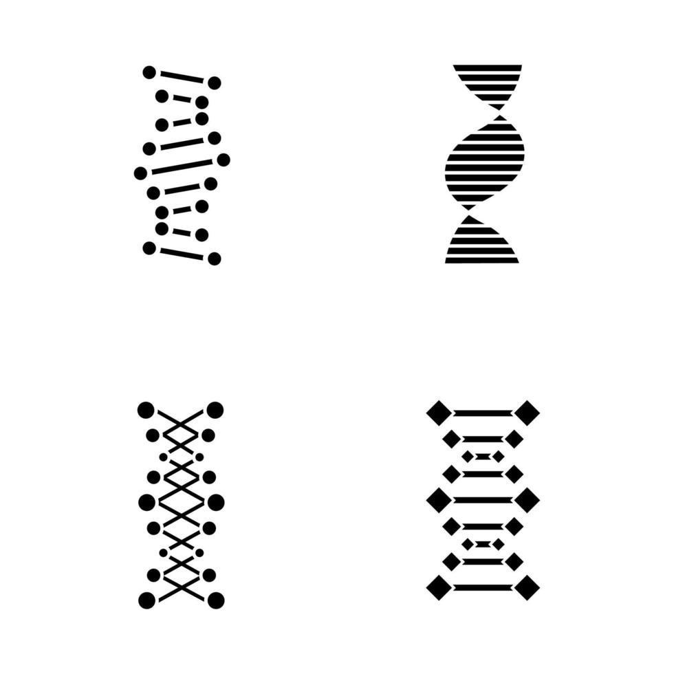 Conjunto de ícones de glifo de cadeias de DNA. desoxirribonucléico, hélice de ácido nucléico. fios em espiral. cromossoma. biologia molecular. Código genético. genoma. genética. símbolos de silhueta. ilustração isolada do vetor