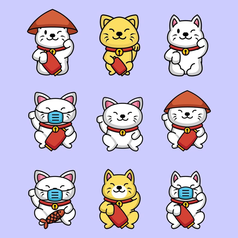 conjunto de desenho de mascote de gato maneki neko fofo vetor