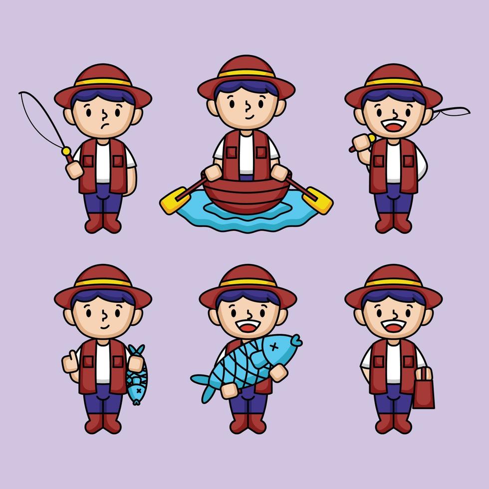 conjunto de desenho de mascote menino pescador fofo vetor