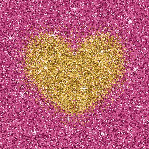 Coração do glitter do ouro amarelo na textura cor-de-rosa roxa. Shimmer fundo de amor. vetor