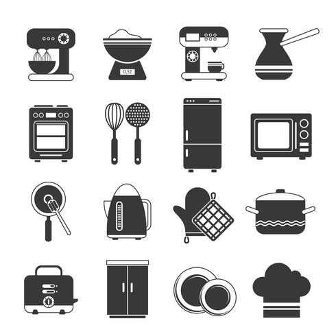 Conjunto de ícones preto e branco de cozinha vetor