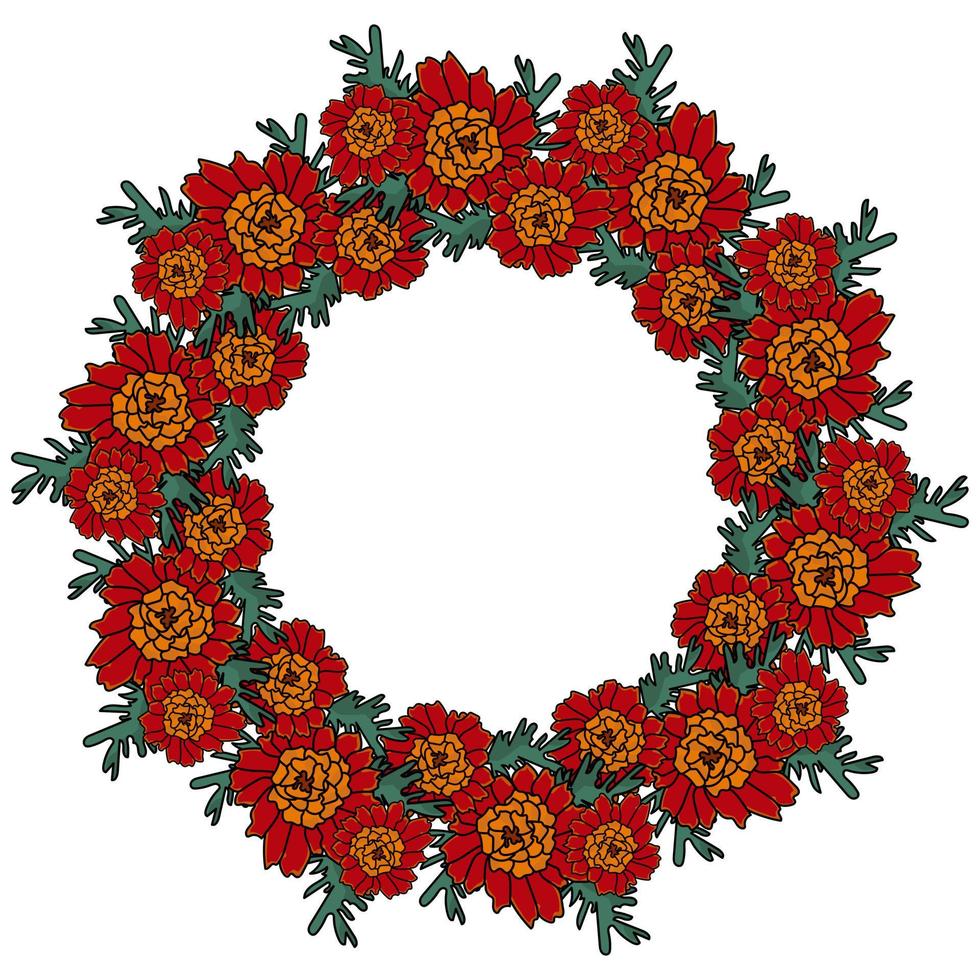 uma coroa de malmequeres, flores vermelhas alaranjadas de outono brilhantes na forma de uma moldura redonda, flores memoráveis para o feriado vetor