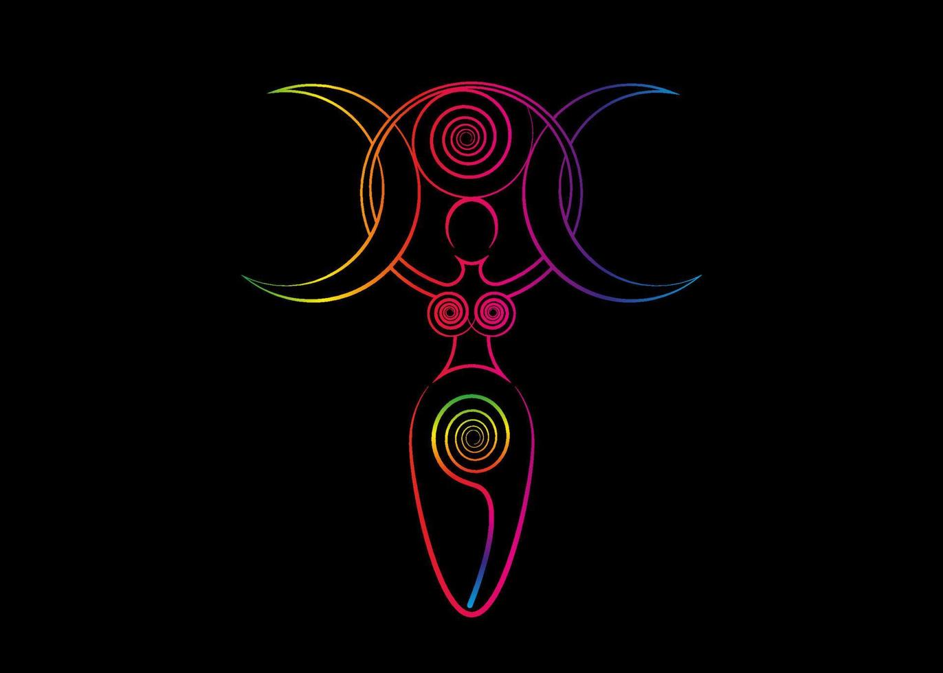 deusa espiral psicodélica da fertilidade e wiccan da lua tripla. o ciclo espiral de vida, morte e renascimento. mulher wicca mãe terra símbolo da procriação sexual, vetor de sinal de chakra isolado no preto
