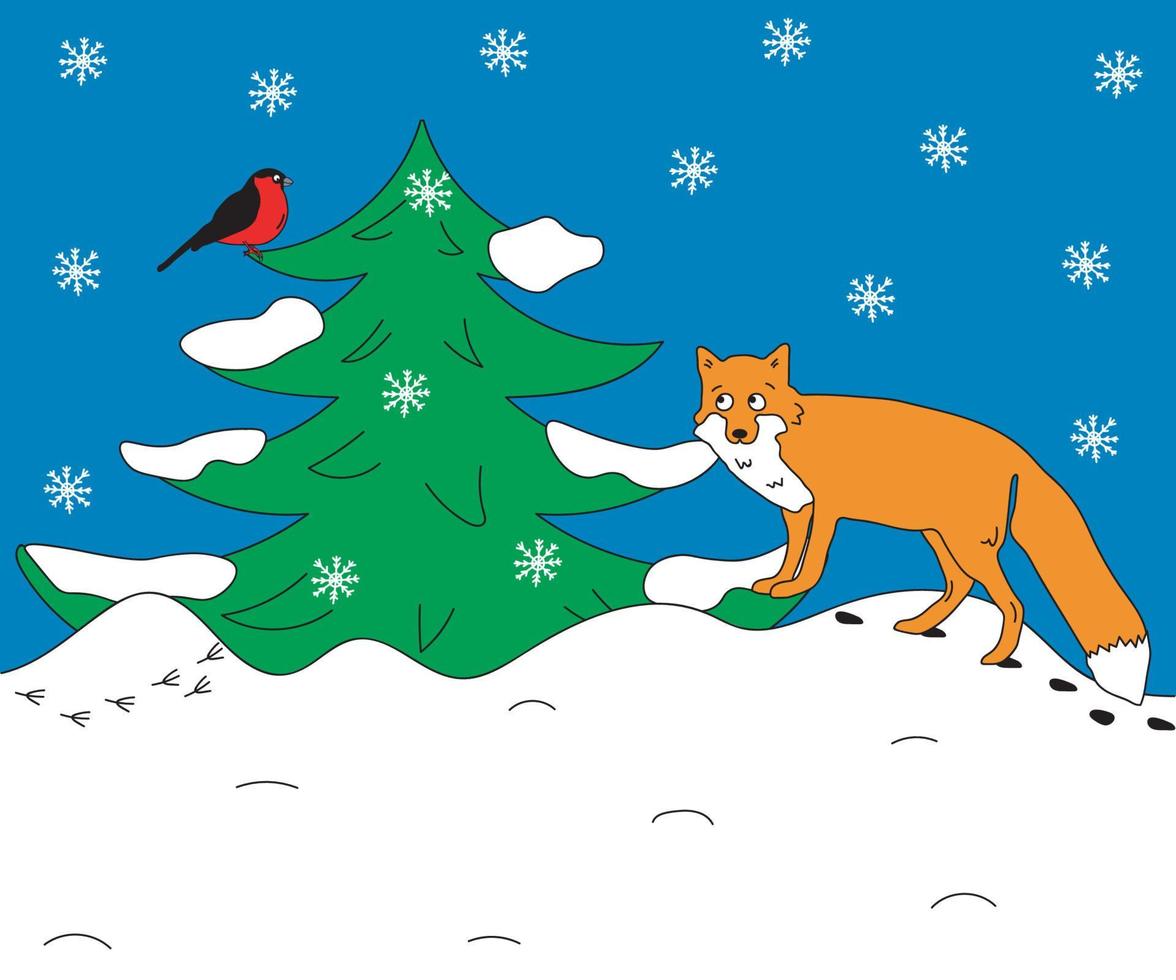 ilustração de inverno infantil doodle onde a raposa e o dom-fafe na floresta de neve de inverno vetor