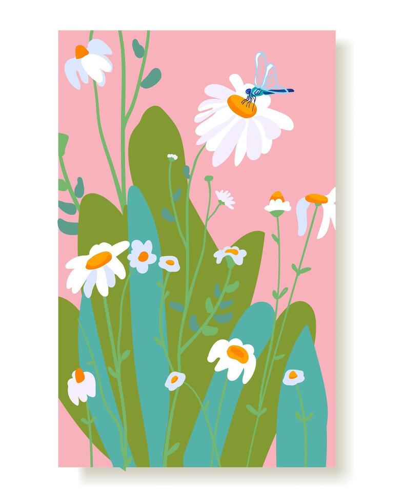 verão poster selvagem flores branco margarida libélula arbusto exuberante folhagem. simples selvagem flores silvestres plantar padronizar modelo Rosa cartão vertical papel de parede pano tecido papel de parede têxtil vetor