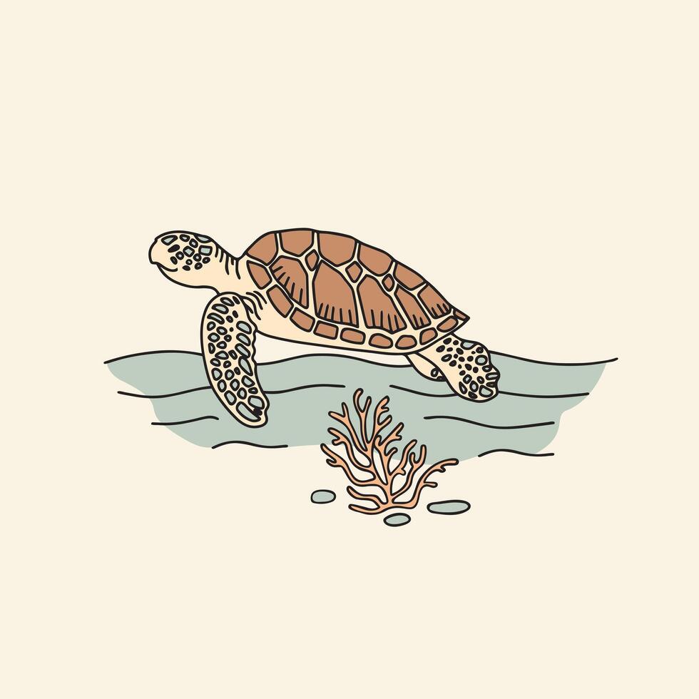 mar tartaruga em a solo oceânico. mão desenhado ilustração. vetor