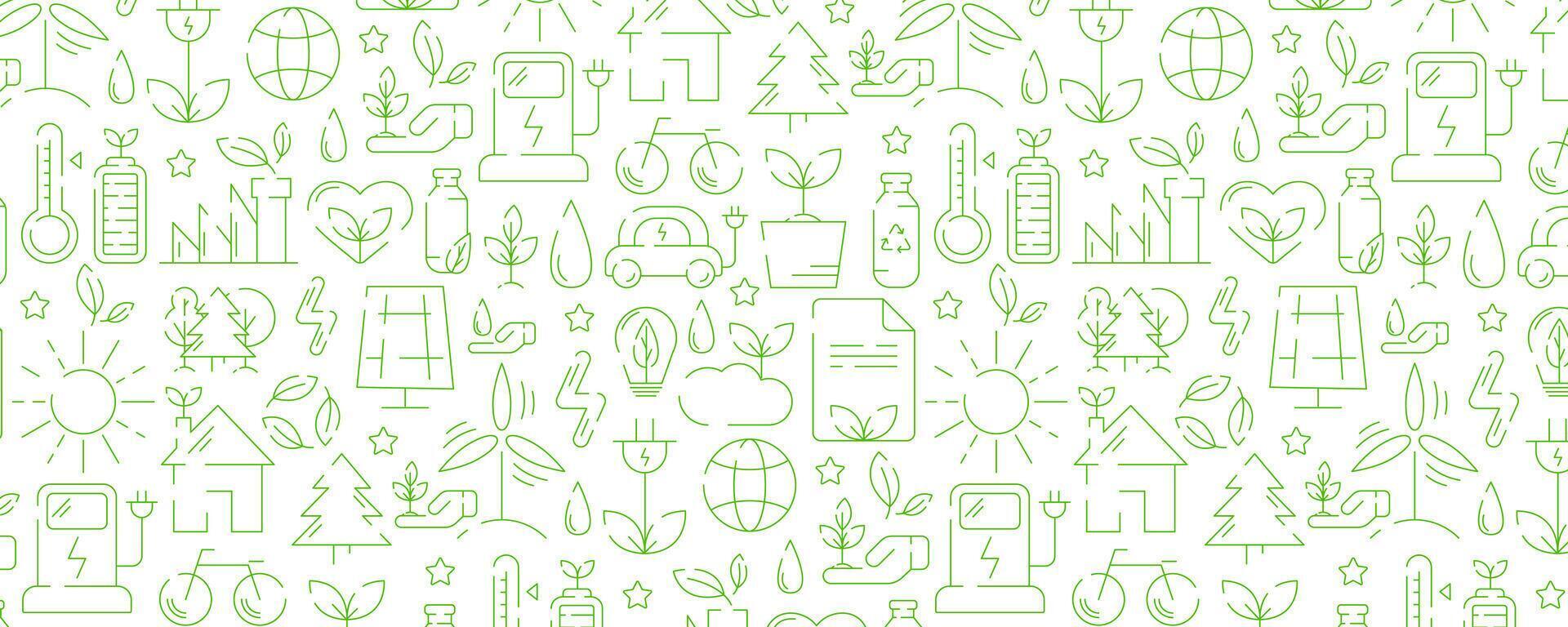 ecologia desatado padrão, verde linear ícones. de Meio Ambiente melhoria, sustentabilidade, reciclar, renovável energia. eco amigáveis bandeira. para cobrir, invólucro papel, têxtil imprimir. vetor