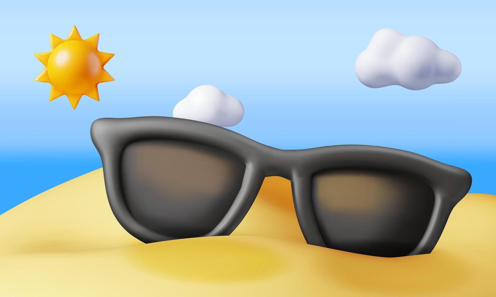 3d de praia com oculos de sol dentro areia sobre mar. render verão período de férias composição. verão viagem ícone. conceito do período de férias ou feriado, Tempo para viagem. de praia relaxamento. vetor