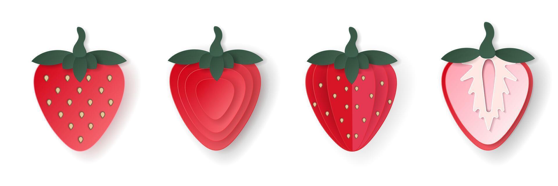 conjunto do 3d papercut morango fatiado Cortar fora baga fruta. verão em camadas frutas. suculento Comida elementos para restaurante, comida, bebidas, bares, receitas, verão, doces, vegano, social meios de comunicação, apresentação desig vetor