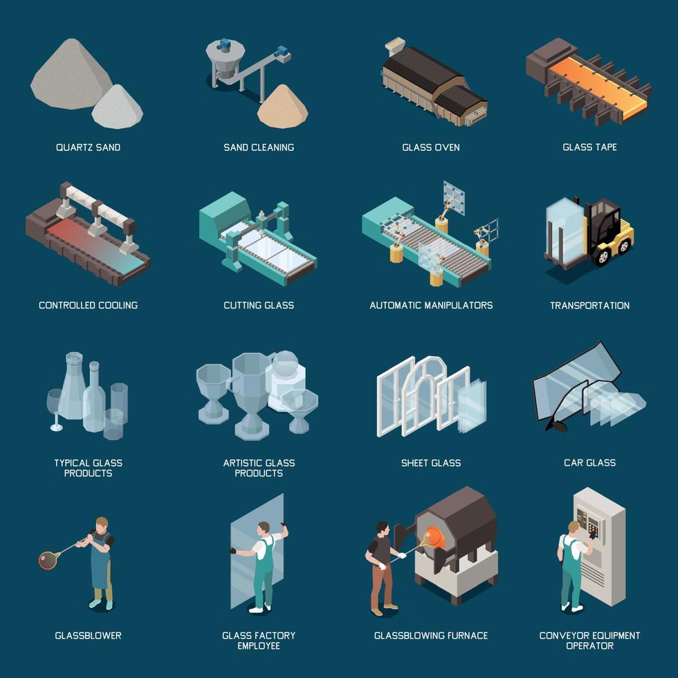 ícones isométricos de produção de vidro vetor