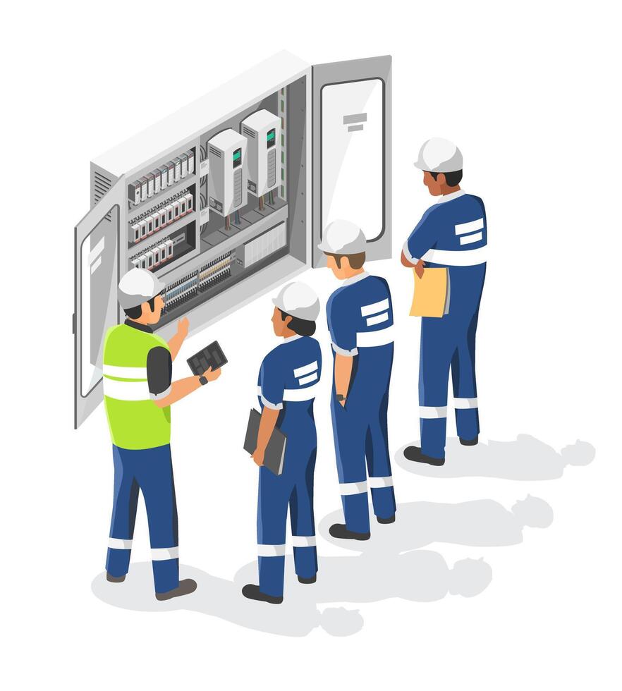 plc controlador máquina sistema caixa Treinamento técnicos Engenharia serviço manutenção programável lógica controlador dentro fábrica e Produção linha isométrico isolado vetor