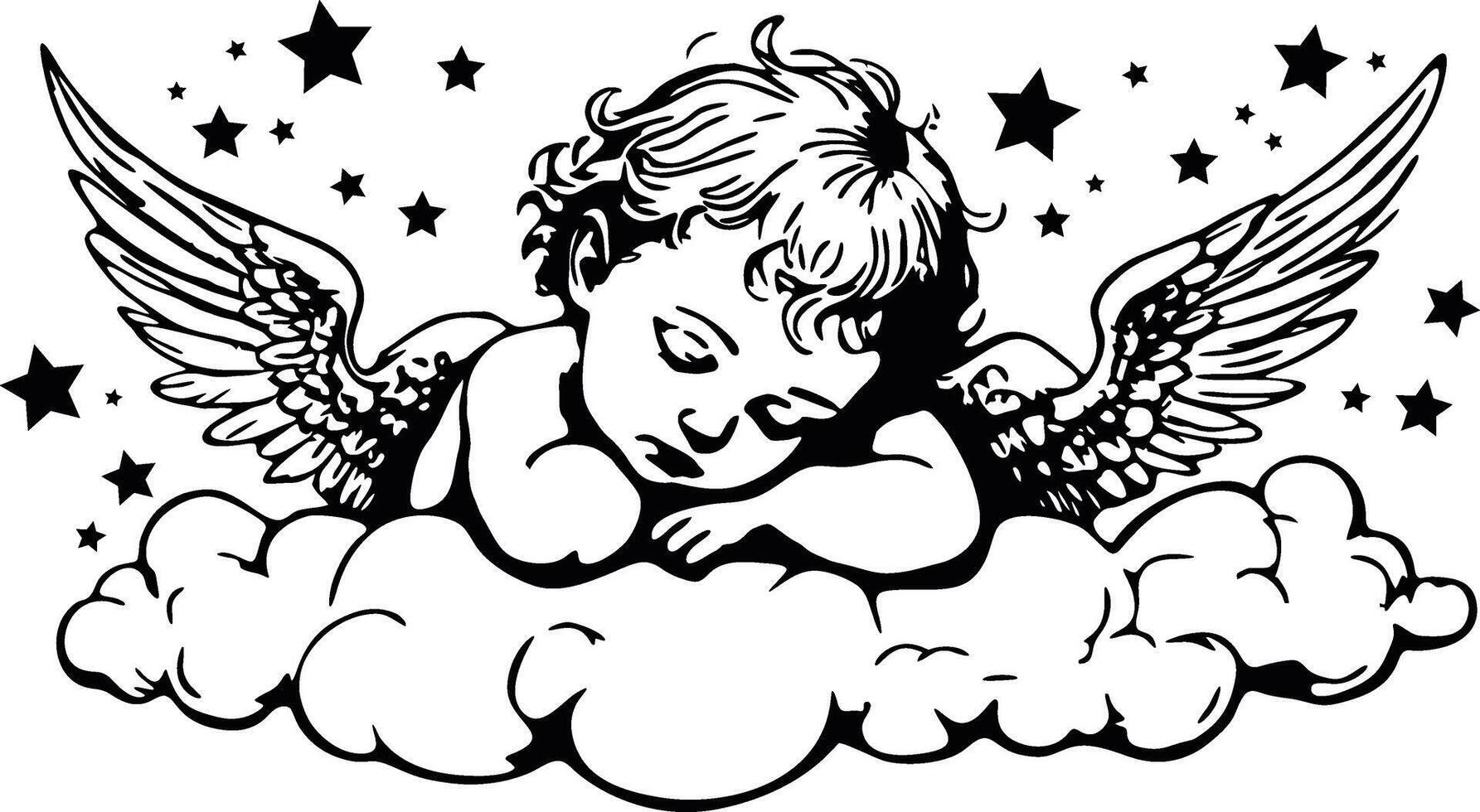 bebê anjo dormindo em uma nuvem com estrelado céu vetor