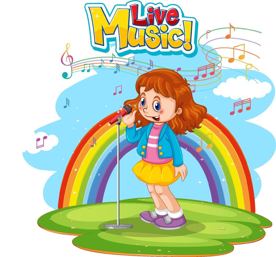logotipo de música ao vivo com uma garota cantando no fundo do arco-íris vetor