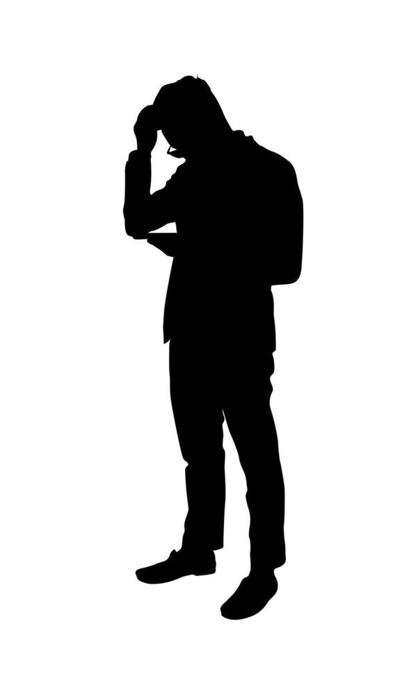 silhueta do uma pessoa em pé segurando Smartphone, a conceito usa inteligente conexão Móvel on-line, ilustração vetor