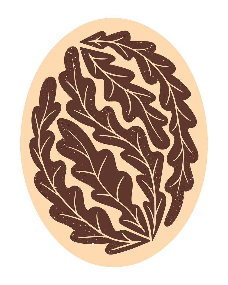 duotônico abstrato botânico composição dentro oval forma isolado em branco fundo. plano mão desenhado ilustração com folhas dentro gravura técnica com grunge textura e arranhões vetor