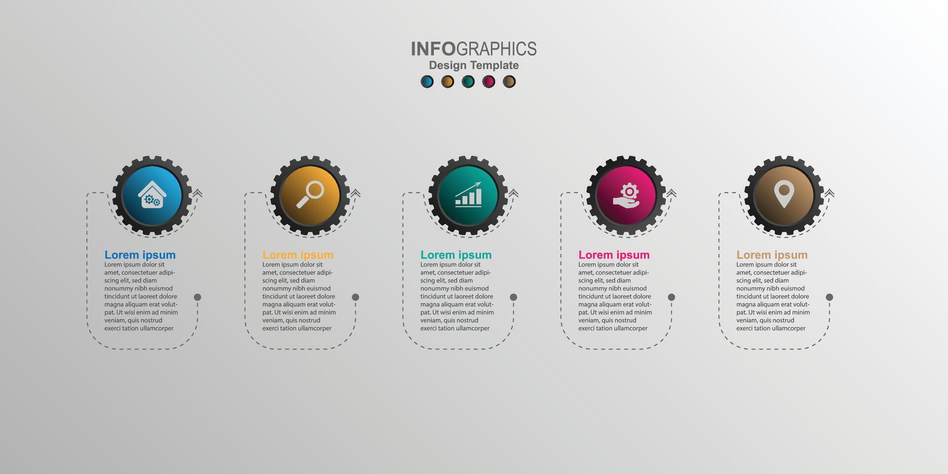 criativo infográfico Projeto modelo, 5 conceito engrenagem texto caixas com pictogramas. vetor