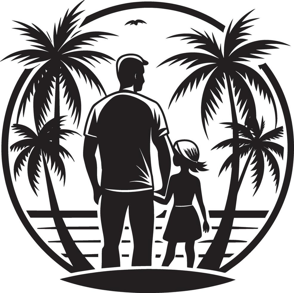 pai e filha em a de praia com Palma árvores ilustração. vetor