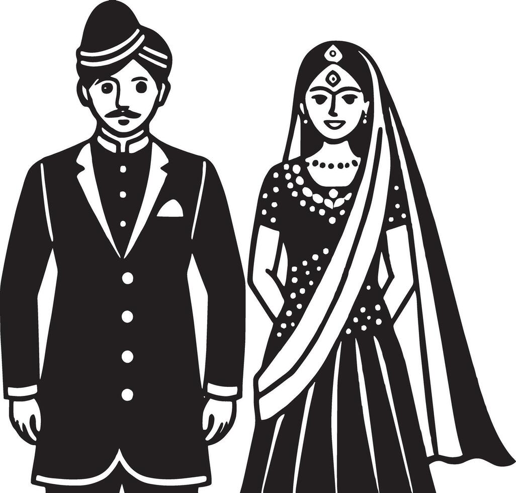 ilustração do indiano Casamento casal dentro Preto e branco estilo. vetor