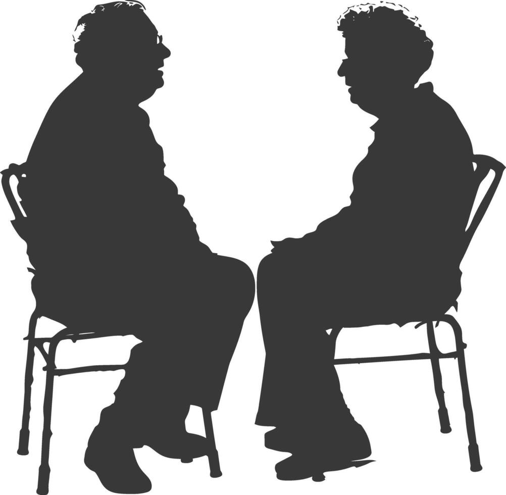 silhueta idosos homem e idosos mulheres estavam sentado enquanto falando Preto cor só vetor